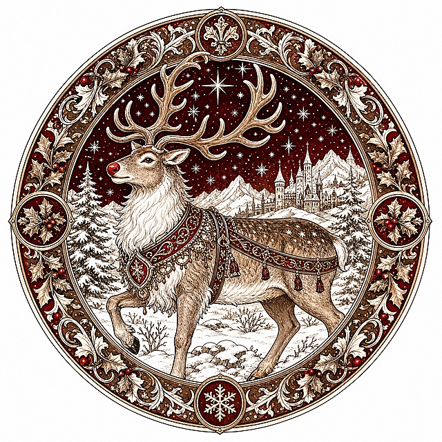 Christmas sticker, medieval illuminated manuscript style, a reindeer with magnificent antlers and red nose, majestic winter creature, circular composition 800x800, brown and white and deep red colors, medieval bestiary illustration style, isolated on clean white background, e-commerce sticker design, high detail