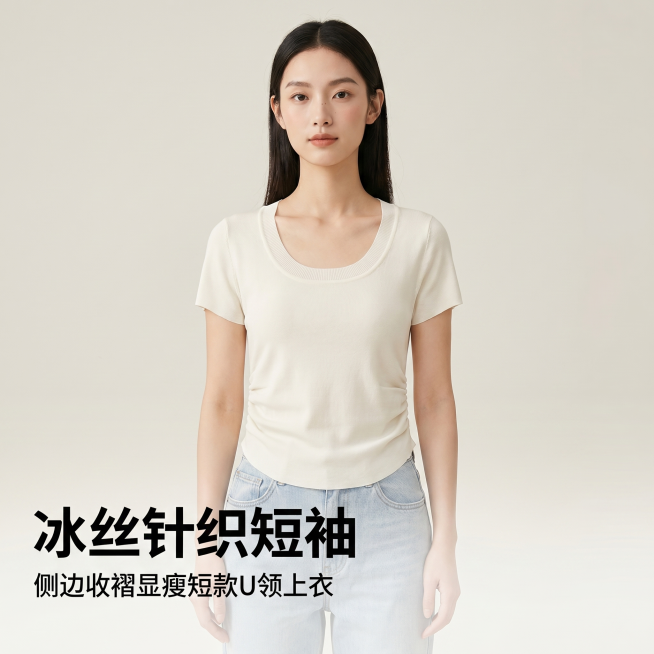 [主图-1] 冰丝针织短袖女正面展示首图；
[氛围风格] 高级感松弛感，纯欲风百搭简约；
[画质] 商业摄影质感、光线柔和通透、产品清晰真实、画面干净高级。
[元素] 年轻亚洲女模特，穿着米白色冰丝针预览效果