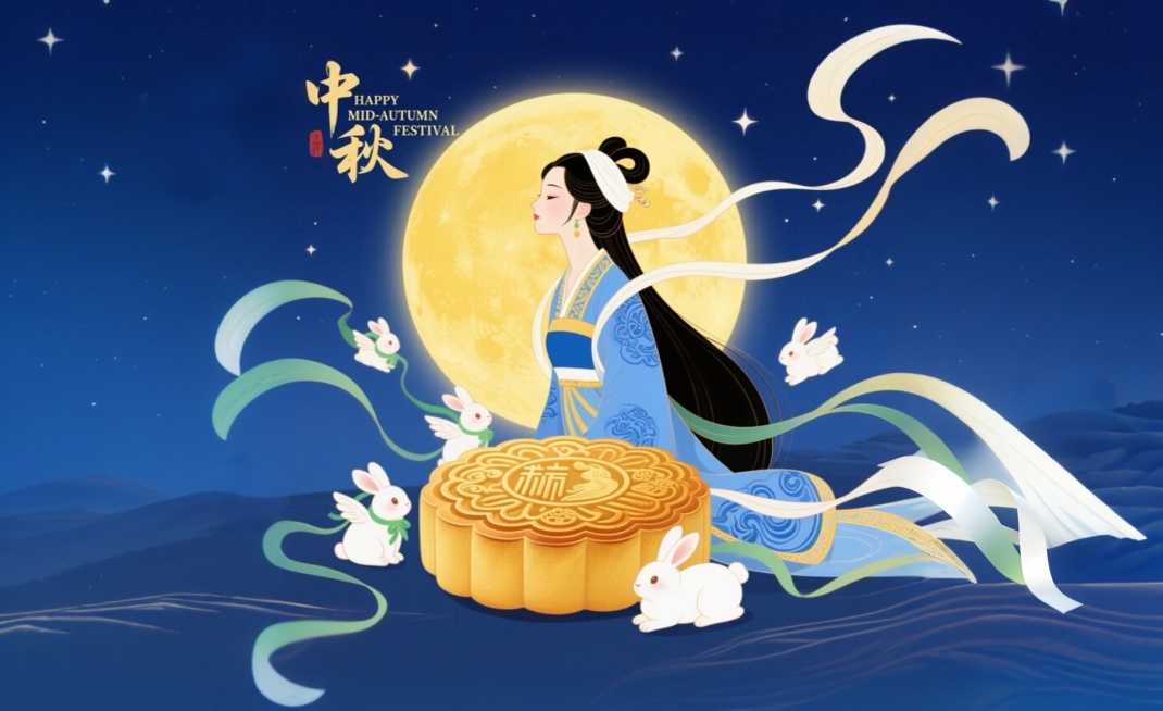 新中式国潮中秋主题插画，画面中心是一位长发垂地、身着古代服饰的温柔女子，头上扎着嫦娥发髻，仙气飘飘，宝蓝色服饰带有细腻蓝纹与金色饰边，白色头巾质感柔和；她身旁围绕几只饰有绿色丝带、带小翅膀的可爱玉兔；预览效果