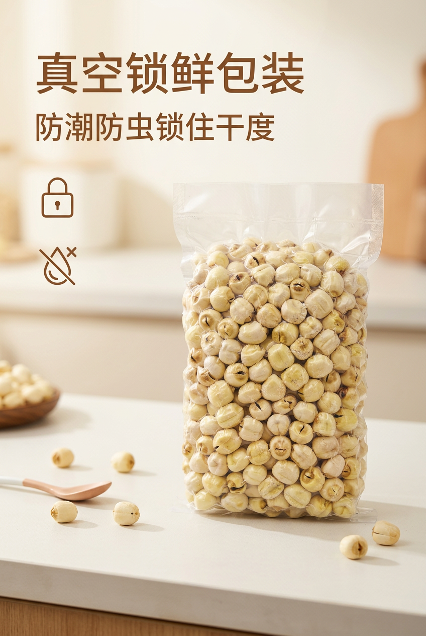 严格还原上传的带芯白莲子产品参考图，精准复刻莲子的形态、奶白微… - 图片创意预览