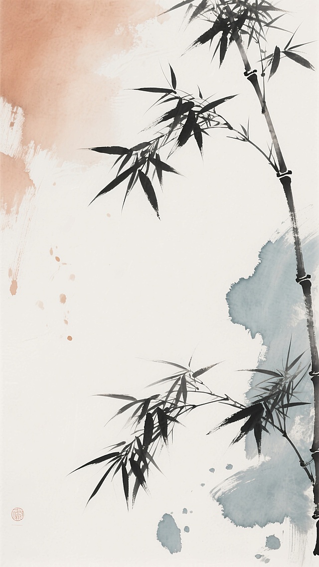 中国传统水墨画风格，以墨色渲染的竹枝竹叶为主体，画面构图为右上和底部有竹枝斜向延伸，竹叶形态细长舒展，笔触自然洒脱，带有水墨在宣纸上晕染的朦胧质感和飞白效果，背景为大面积留白，点缀淡墨色的不规则晕染和笔触痕迹，营造出清雅、空灵、宁静的东方意境，整体色调变换为以淡赭石色和青灰色为主的水墨效果，保持原有的水墨笔触质感、构图布局和空灵氛围。