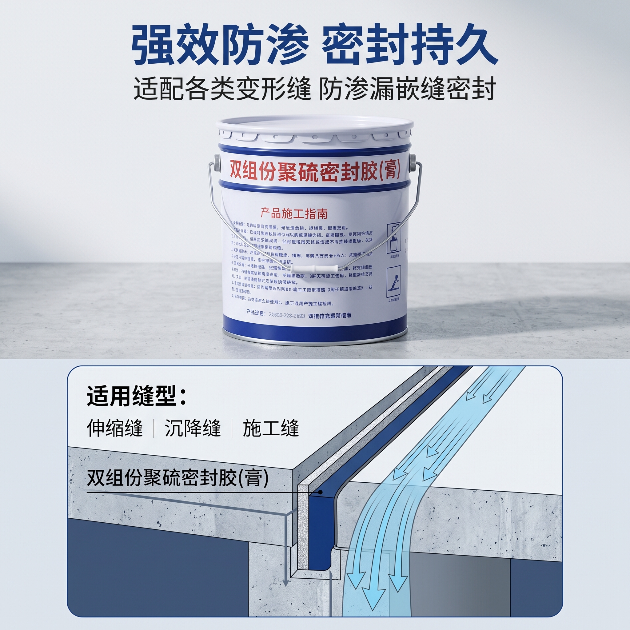 基于上传的双组份聚硫密封胶铁桶产品图，生成第6张防渗密封性能卖… - 图片创意预览