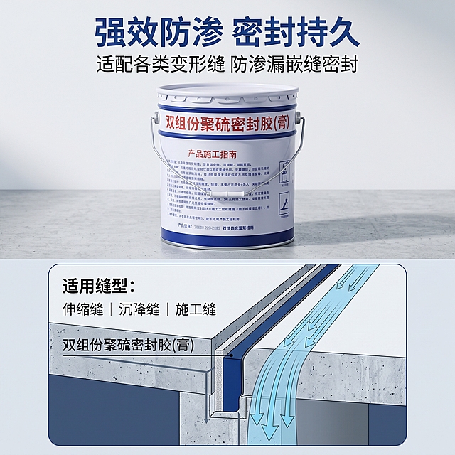 基于上传的双组份聚硫密封胶铁桶产品图，生成第6张防渗密封性能卖点电商主图。严格还原产品包装设计、颜色、文字内容、图案元素、金属桶身哑光质感等所有细节。工业高级简约风格，蓝白主色调，1:1正方形。画面上半部分居中展示产品铁桶，下半部分用建筑横截面示意图可视化变形缝密封后防渗效果，展示水流被密封胶阻隔的原理，示意图旁标注适用缝型：伸缩缝、沉降缝、施工缝。顶部主标题「强效防渗 密封持久」，副标题「适配各类变形缝 防渗漏嵌缝密封」在下方。上下分栏排版，性能原理可视化直观，杂志级精致排版，文字清晰，无错字，无水印，无平台Logo。