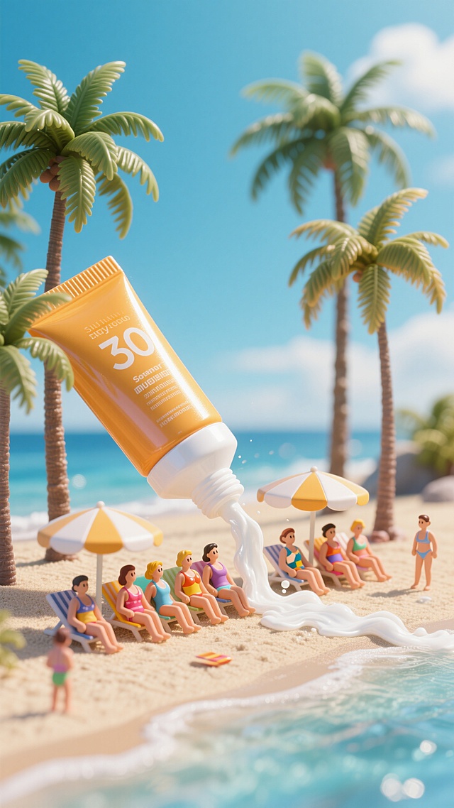 海滩、椰树，一个大型的防晒霜倒下形成一片阴影，游客排排靠坐在防晒霜边遮阳