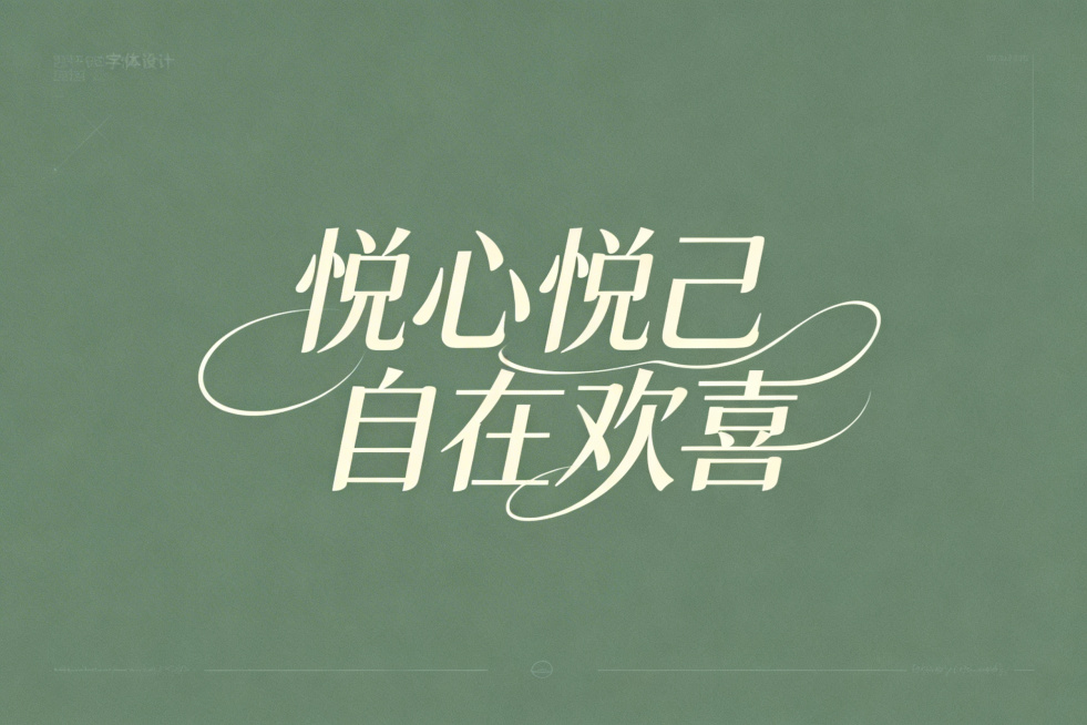 生成“悦心悦己 自在欢喜”艺术字体，字体简洁大气，带有曲线线条感，充满浪漫氛围，背景干净简约突出字体预览效果