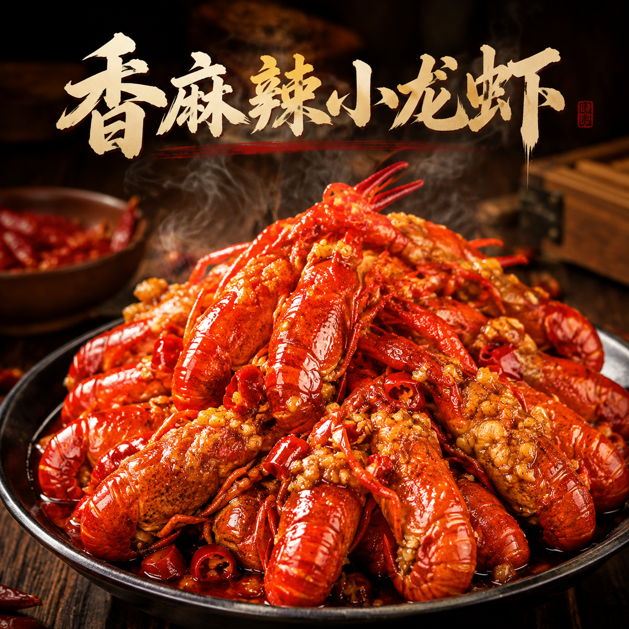 美食摄影写真风格，一盘色泽红亮油润的麻辣小龙虾，堆成小山状，蒜… - 图片创意预览