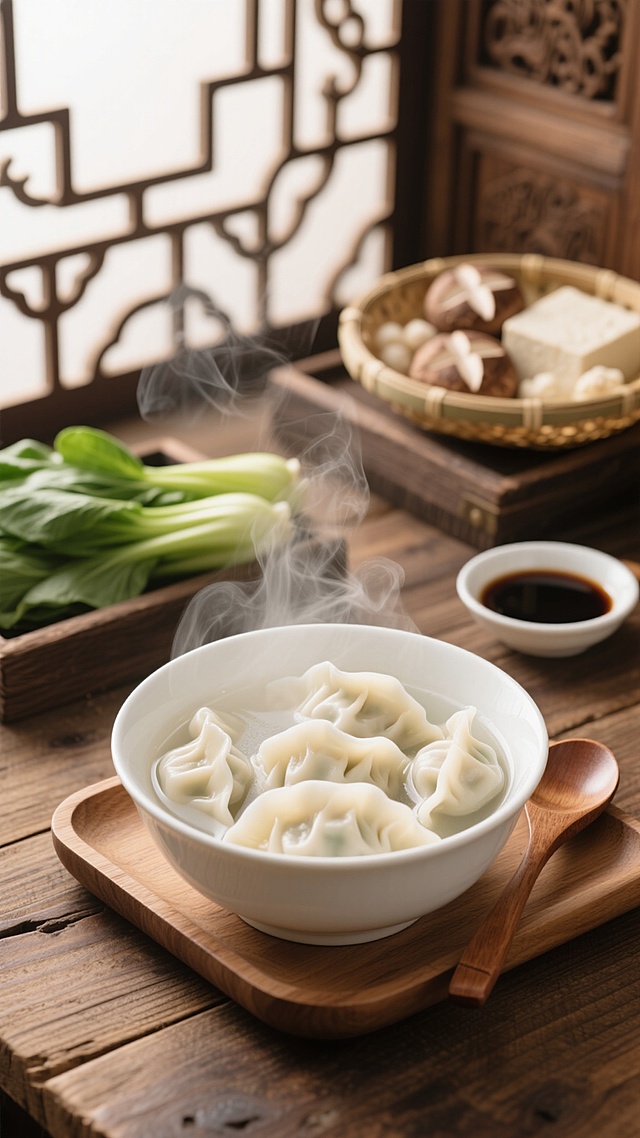 一碗热气腾腾的水饺，饱满的白色饺子在清澈的汤中微微漂浮，汤面氤氲着袅袅白色蒸汽，营造出温暖诱人的氛围。白色瓷碗放在木质托盘上，旁边有一个小木勺。背景中，左侧摆放着新鲜的绿色蔬菜，右侧有一小碟深色酱油，后方竹篮里装着香菇和豆腐等食材，整体置于质朴的木质桌面上，搭配带有传统花纹的木雕装饰，呈现出温馨自然的中式家常风格，光线柔和，色彩以暖色调为主，突出食物的质感和新鲜感，构图均衡，充满生活气息。