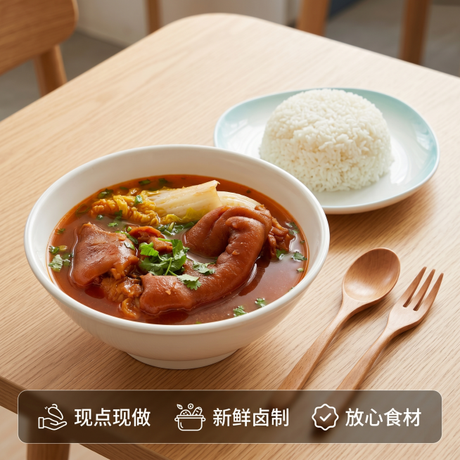 [主图 5] 猪蹄盖饭套餐展示与服务承诺。
[氛围风格] 干净整洁，真实可信，保持统一食欲风格；
[画质] 商业美食摄影质感、清晰通透，画面干净高级。
[元素] 完整展示猪蹄盖饭套餐，大碗卤猪蹄+白米预览效果
