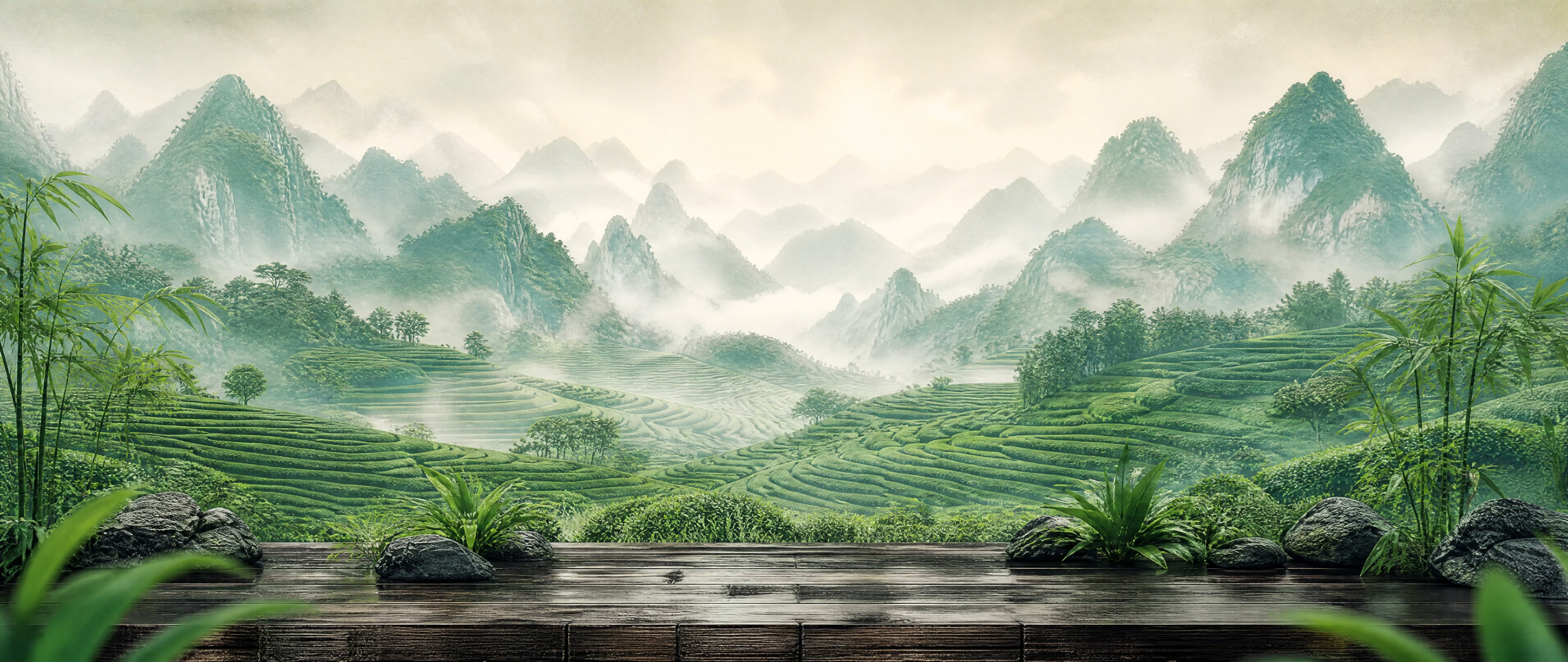 参考图中的新中式国潮山水风格，生成茶园主题背景图。画面为中国风… - 图片创意预览