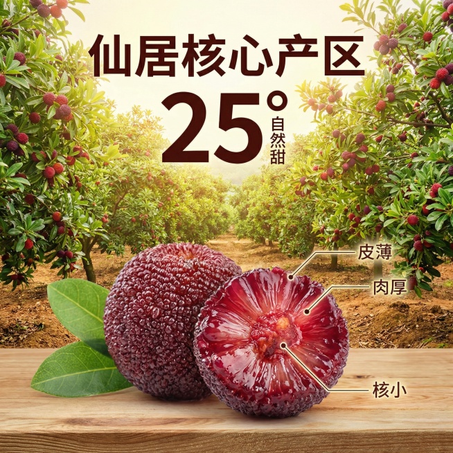 [主图 2] 核心亮点与溯源
[主图主题] 杨梅核心产区品质展示
[氛围/风格] 真实自然果园氛围，新鲜通透质感
[画面元素] 前景摆放一颗完整带叶的大杨梅和半颗切开的爆汁杨梅，背景是漫山遍野的杨梅树预览效果
