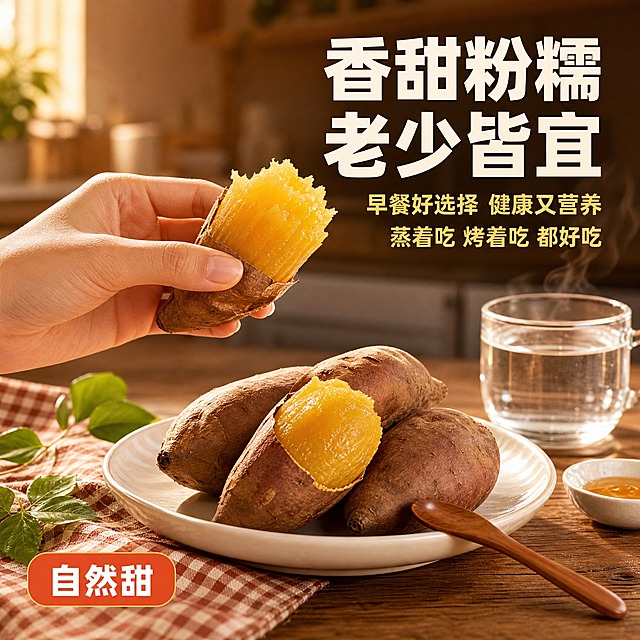 [主图-4] 板栗薯食用场景与体验 生活方式代入。
[统一基调] 整体风格为自然暖阳田园风，背景主色为暖棕色与土黄色渐变，点缀绿色薯叶与泥土元素；标题字色为米白色加粗，辅助字色为浅金色，强调色为橙红色；字体为粗黑体厚重有力，字号层级分明；卡片与图标采用圆角木质纹理边框，整体传递新鲜产地直供的信任感。
[画面] 温馨的家庭餐桌场景，木质餐桌上摆放着一个白色陶瓷盘，盘子里放着3-4个蒸熟的板栗薯，其中一个被剥了皮露出金黄的薯肉，旁边放着一把木质小勺子；盘子旁边有一杯冒着热气的白开水和一小碟蜂蜜；餐桌一角有一块格子餐布和几片绿色装饰叶；背景是虚化的温馨厨房环境，暖黄色的灯光从上方洒下；画面有一只手（仅手部，不露脸）正拿着一个剥好的板栗薯准备品尝，手指自然修长；整体营造出健康早餐或下午茶的温馨氛围；主体占比约55%。
[光影质感] 室内暖光氛围，主光从上方偏左照射，在陶瓷盘和板栗薯表面形成柔和高光，蒸熟的薯肉有油亮的光泽感；桌面有自然的接触阴影，整体光线温暖柔和有生活气息。
[配色] 主色调暖木色与金黄色，陶瓷盘白色，餐布格子棕红色，背景暖黄虚化；文字米白色与浅金色；整体温馨暖调。
[文字版式] 画面右上角主标题"香甜粉糯 老少皆宜"粗黑体米白色；主标题下方两行浅金色小字"早餐好选择 健康又营养""蒸着吃 烤着吃 都好吃"；左下角有一个橙红色圆角小标签写着"自然甜"白色文字；文字放在画面负空间，不遮挡产品和手部动作。
[输出要求] 比例1:1，2048px×2048px，文字清晰可读，产品清晰完整不变形，无错字，画面干净不杂乱，无水印，无平台Logo，禁止出现人物面部，禁止手部畸形或多余手指，禁止夸张变形。