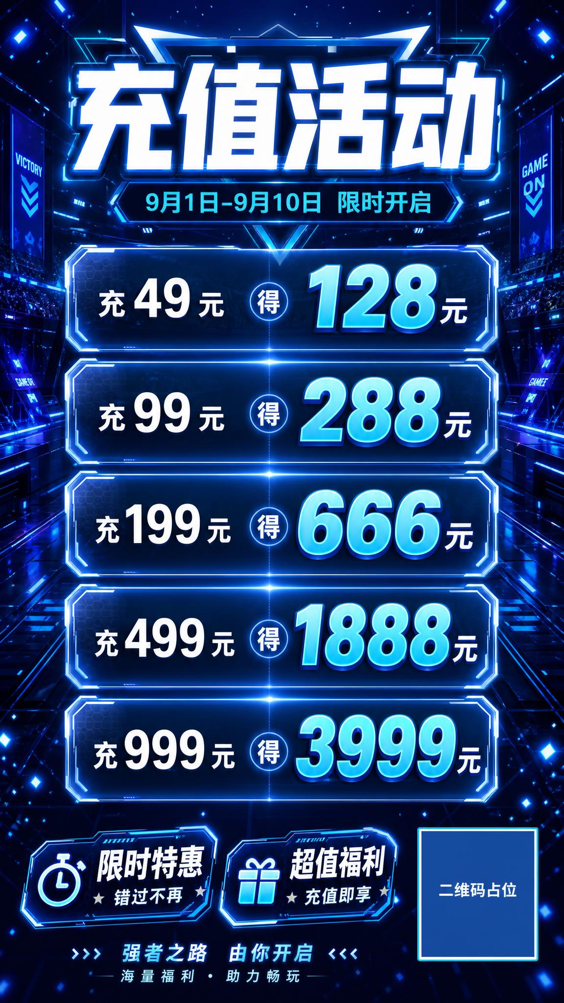一张蓝色电竞风充值活动海报，竖版9:16比例。背景为深蓝色科技… - 图片创意预览