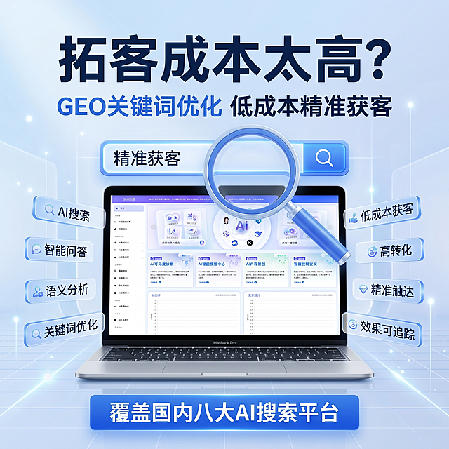 [单张主图] GEO助理AI拓客系统，爆款促销感主图，主图目标为展示GEO关键词优化获客服务。
[参考比对] 借鉴参考图1和参考图2：参考图1采用顶部大标题+中间科技3D元素+环绕卖点标签+底部说明文字的版式，配色为蓝白科技风，产品搜索搜索框和放大镜的核心视觉元素；参考图2用顶部超大粗体标题+中间浏览器窗口展示+左右双列平台图标+底部覆盖说明文字，同样是蓝白科技风格。生成时保留参考图的科技蓝风格、大标题层级和核心元素，替换为用户产品信息。
[画面主体] 中间展示笔记本电脑屏幕，屏幕中显示用户提供的GEO助理系统主页界面，保持系统界面的布局、logo、功能模块文字与输入产品图绝对一致，杜绝任何变形和色差，精细化处理。商品主体占比严格控制在60%-70%之间，画面满屏无边框。
[构图版式] 采用顶部大标题型，标准三段结构：顶部25%-32%放品牌位和超大主标题，中部放产品主体占50%-60%，底部18%-22%放通栏信息条。
[场景元素] 浅蓝到白色渐变科技背景，带低对比细网格线和微光点粒子，背景干净不抢主体。顶部左侧放置品牌名称"GEO助理"，中间放大镜和搜索框元素放大居中，搜索框内文字为"精准获客"。围绕主体分布8个圆角透明卖点标签：AI搜索、智能问答、语义分析、关键词优化、低成本获客、高转化、精准触达、效果可追踪。底部通栏展示覆盖八大AI搜索平台文字。
[文案版式] 顶部超大主标题："拓客成本太高？"，深蓝色最大号粗体无衬线；其下副标题："GEO关键词优化 低成本精准获客"，字号约为标题一半，蓝色。底部通栏信息条文字："覆盖国内八大AI搜索平台"，白色字蓝色底。所有文字清晰不遮挡主体。
[光影质感] 主光为正面柔和冷光，均匀照亮电脑和信息元素；辅光为侧面浅蓝色环境光，突出玻璃和金属质感；产品底部有自然接触阴影，景深较浅，背景轻微虚化，整体商业科技质感，画面干净高级，文字清晰可读。
[配色字体] 主色调为浅蓝色和深蓝色渐变，辅助色为白色，强调色为深蓝色文字。字体采用粗黑无衬线字体，主标题最大，副标题次之，卖点标签最小，层级分明。
[比例分辨率] 1:1比例，2k分辨率，文字清晰可辨，超高清。
[负向提示词] 变形，水印，文字错乱，产品界面模糊，背景杂乱，错字，遮挡主体，配色刺眼。