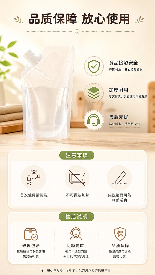 [商品] 使用【图1】透明自立吸嘴袋；保留透明袋身、白色吸嘴盖、底部自立结构；产品作为页面视觉元素自然呈现。
[画面] 目标：信任保障页，安全说明+售后保障。构图：上下结构，上方产品+安全认证图标，下方使用注意事项和售后说明卡片；产品占画面30%，浅暖米渐变背景。
[视觉] 套系策略：风格=清新自然家居商业摄影；标题字=圆润黑体粗体；正文字=简洁无衬线黑体；主色=暖米白+草木绿；背景延展=基于暖米白做深浅层级、同色渐变和细腻木纹/哑光纸质感；强调色=浅棕褐色，仅用于小面积图标、引线和标签；标题色=深棕褐色；正文色=中暖灰；组件=圆角浅底信息卡、细线引线、绿色胶囊标签；光影=左前侧暖柔光，自然窗光感。
[文字] 顶部主标题"品质保障 放心使用"，中部3个保障图标+文字："食品接触安全""加厚耐用""售后无忧"，底部使用注意事项："注意事项：首次使用请清洗；不可微波加热；尖锐物品可能刺破袋身"；文字全部横向排版，层级清晰。
[规格] 图片比例9:16竖版，4K，避免变形、错字、文字过小、冷蓝/蓝灰背景、产品颜色改变、结构失真、绝对化用语、虚假认证标识。