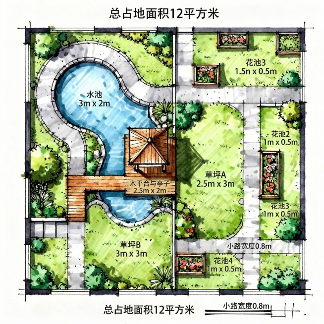 将图片转换为清晰的手绘马克笔景观平面图，给庭院各个区域明确标注出尺寸，总占地面积12平方米，保留环路水池木平台小亭子花池草坪所有元素，手绘风格线条清晰预览效果