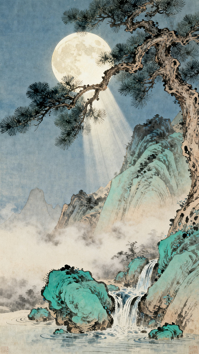 明月松间照，清泉石上流。宋画院体工笔风格，一轮皎洁明月挂在天空，月光穿透苍劲的松枝，清澈山泉从青色石头上流过，山间薄雾弥漫，氛围静谧雅致，大量留白，柔和月光，高清细节，博物馆收藏级，东方诗意