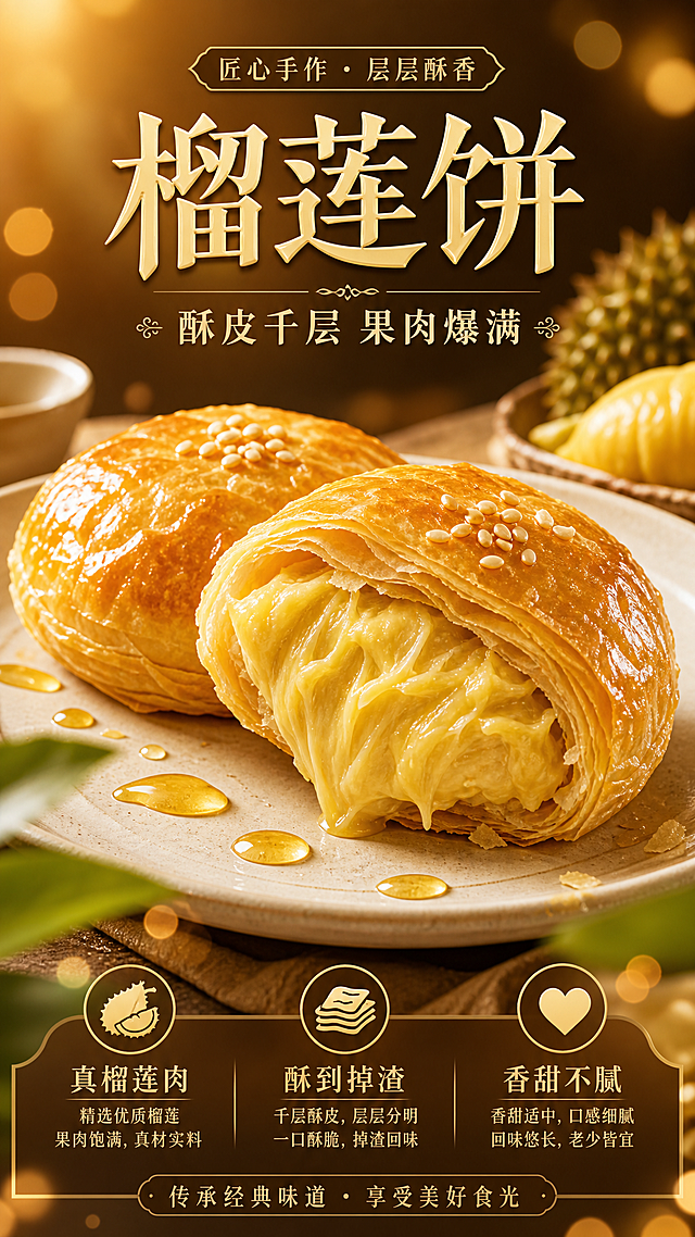 写实商业摄影风格的榴莲饼单品宣传海报，竖版9:16，暖金色调，食欲感强烈。画面主体是两只金黄酥脆的榴莲饼，其中一只掰开露出爆满的榴莲果肉内馅，酥皮层层分明，摆放在浅色陶瓷盘上，旁边有金色糖浆滴落点缀，背景是暖棕色渐变带虚化光斑。顶部大主标题文字："榴莲饼"，副标题文字："酥皮千层 果肉爆满"。底部卖点文字："真榴莲肉""酥到掉渣""香甜不腻"。侧前方柔光，顶部自然光，榴莲饼酥皮金黄酥脆有光泽，内馅饱满诱人，前景点缀虚化榴莲叶与金色光斑，景深效果，主体清晰锐利。版式精美，文字排版层次分明，所有文字清晰可读，四周留足安全边距。画面中所有信息区域必须填充完整合理的内容，不得出现空白框或待填写区域。
