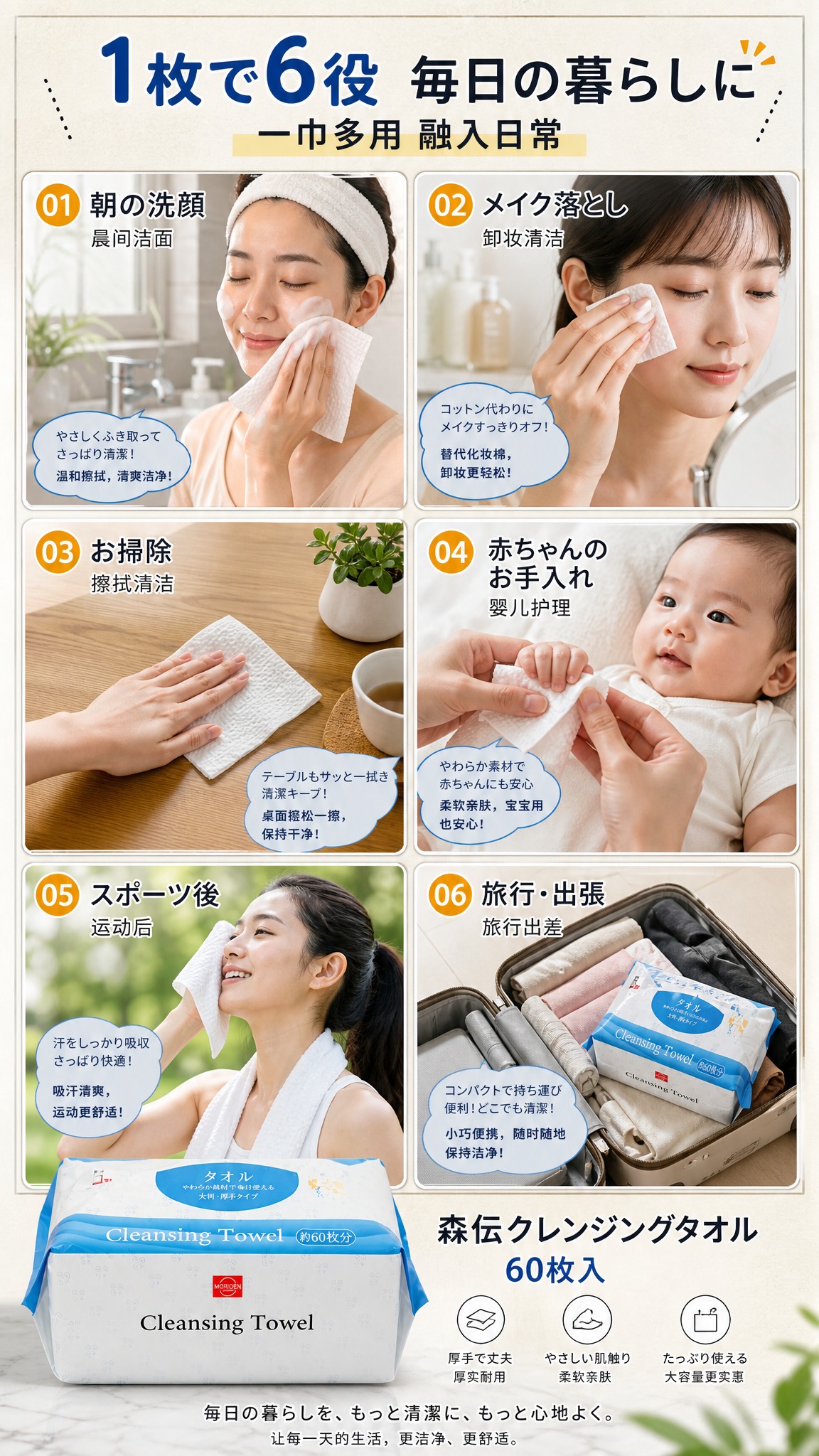 [详情页-4] 多场景使用图鉴页。6格日式生活场景拼贴，一巾多… - 图片创意预览