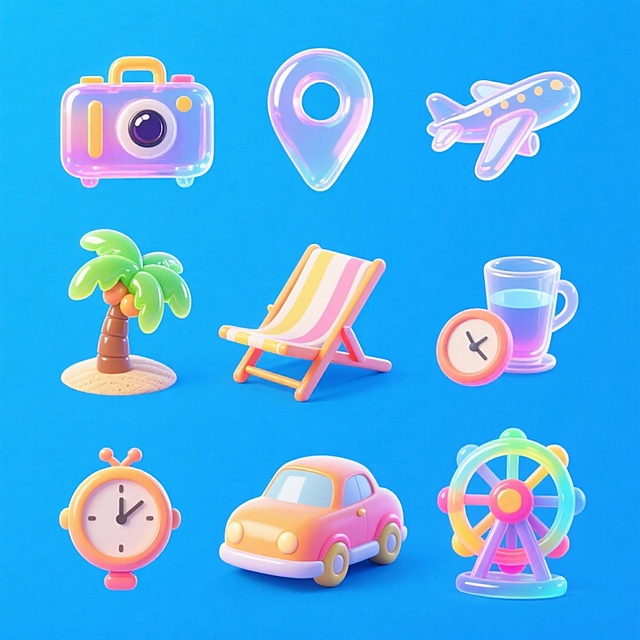 9个Q版图标（元素独立区域）：定位图标、旅行箱、相机、沙滩椅、椰子树、飞机、水杯、手表、小汽车、摩天轮，撞色，蓝色背景，上下两行对齐排列