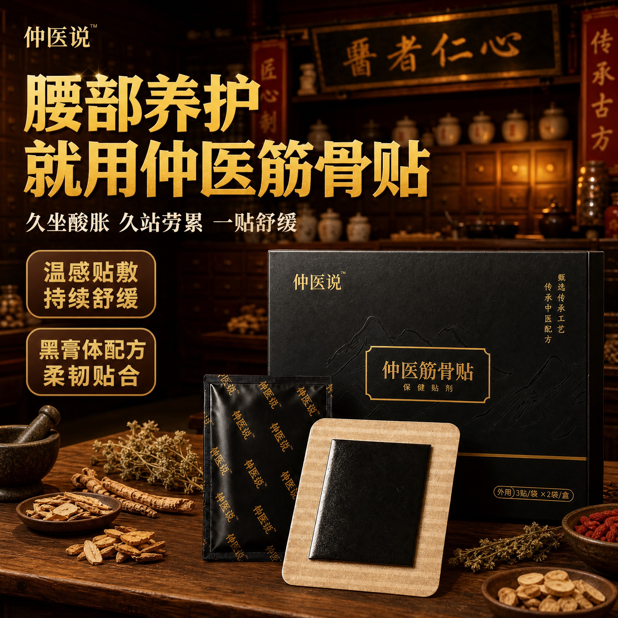[主图-1] 仲医筋骨贴首图点击率，以中药铺场景为背景，产品自… - 图片创意预览