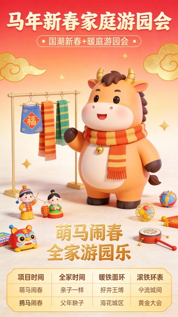 这张马年新春家庭游园会运营海报采用国潮卡通肌理 + 暖金渐变风格，是轻松欢快与家庭互动氛围的融合设计。
主体围绕家庭游园会核心展开：中心是带亲子装饰的卡通胖马（贴合马年生肖），身旁散落套圈、猜灯谜等游预览效果