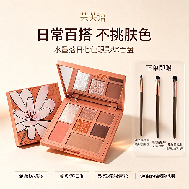 电商主图合成编辑，4K超高清，排版精致、赠品清晰。严格保持原主图 https://gdesign-dam-hz.dancf.com/37923697934058535/59582e6526c8407f80af2529bae660a0.png 所有元素完全不变：暖米色/浅杏色渐变背景、顶部居中品牌名"茉芙语"（金色小字）、主标题"日常百搭 不挑肤色"、副标题"水墨落日七色眼影综合盘"、底部四个卖点标签"温柔暖棕妆""橘粉落日妆""玫瑰棕深邃妆""通勤约会都能用"、左侧闭合眼影盘外壳与右侧打开眼影盘（镜子+七色眼影格）全部原样保留，禁止重绘产品、禁止改背景、禁止移动原图元素。
在画面右侧留白区域新增一块精致的半透明磨砂玻璃质感圆角信息卡，无粗边框，与干净背景自然融合。卡片内顶部标题"下单即赠"，下方竖排展示三支眼影刷（严格按用户原图 https://gdesign-dam-hz.dancf.com/37923702583969905/677b56d6a7b84834934f87d2ae8dc2ef.jpg 中前三支刷子外观还原，均为深咖啡色哑光木质刷杆、玫瑰金/古铜色金属管口、黑色柔软刷毛），每支刷子旁/下方清晰标注详细名称：第1支"细节眼影刷 眼头提亮卧蚕"（极细扁平头、刷毛短而聚拢）；第2支"眼影铺色刷 大面积打底"（扁平舌形刷头、中等大小）；第3支"眼影晕染刷 自然过渡不结块"（圆润蓬松圆顶头）。名称文字清晰易读，刷子比例正确、细节锐利、排列整齐，与眼影盘大地色系风格协调。
卡片整体小巧精致、通透高级，严禁遮挡品牌名、主标题、副标题、眼影盘产品和底部卖点标签。全部中文横排，无极限词无虚假功效，无平台Logo水印，4K超清细节。
[负向提示词] 变形，文字错乱，产品模糊，赠品模糊，赠品太小，粗边框，厚重色块，水印，平台Logo，遮挡，竖排文字，背景改色，刷子形状改变。