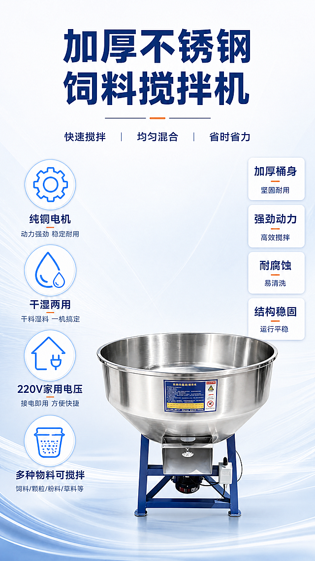 [第2屏] 核心卖点总览展示-不锈钢饲料搅拌机核心卖点整理解析。本屏使用【图6】作为商品主体，参考【图11】的排版风格。
[氛围/风格] 简洁专业风，浅蓝渐变背景，干净清爽，工业产品专业质感，清晰突出卖点信息。
[元素布局] 不锈钢饲料搅拌机主体放置在画面偏右下区域，占据画面约50%区域，保持产品结构和颜色与输入图一致：蓝色支架，不锈钢桶身。左侧区域排列四个核心卖点图标和文字，右侧放置四个卖点信息框，整体排版平衡。背景为浅蓝渐变带水波纹效果，干净不抢主体。
[光影质感] 整体光线均匀明亮，产品不锈钢表面保留自然反光和拉丝质感，文字区域干净清晰，整体通透自然。
[配色色系] 全局底色：#f8fafc（浅灰白）；主体配色：#f1f5f9（背景浅蓝渐变）+#003f88（文字深蓝色）；辅助色：#3b82f6（图标蓝色）+#f97316（点缀橙色）。
[视角构图] 正面平视构图，产品主体在右下，卖点信息在左侧和右侧，分块清晰，符合竖版阅读习惯。
[文字版式] 顶部大标题 "加厚不锈钢饲料搅拌机"，深蓝色粗体大字，居中排列。标题下方副标题 "快速搅拌 均匀混合 省时省力"，分三行排列，深蓝色字体。左侧四个圆形图标卖点：第一个齿轮图标写 "纯铜电机" 小字 "动力强劲 稳定耐用"，第二个水滴图标写 "干湿两用" 小字 "干料湿料 一机搞定"，第三个房子图标写 "220V家用电压" 小字 "接电即用 方便快捷"，第四个容器图标写 "多种物料可搅拌" 小字 "饲料/颗粒/粉料/草料等"。右侧四个圆角信息框：加厚桶身 坚固耐用、强劲动力 高效搅拌、耐腐蚀 易清洗。文字大小分明，排版整齐，不遮挡产品主体。
[比例分辨率] 9:16竖版比例，4K分辨率，文字清晰可辨，超高清。
[负向提示词] 产品变形，结构错误，缺件错件，颜色偏差，文字错乱，水印，产品模糊，背景杂乱。