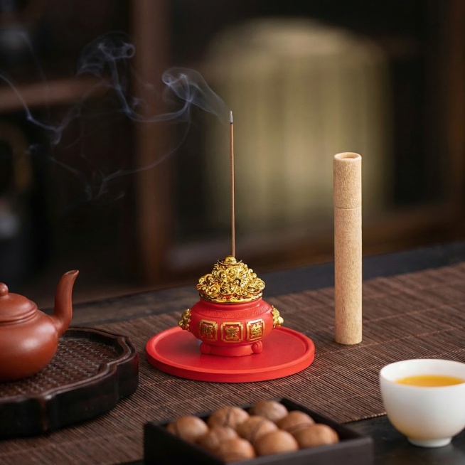 保留聚宝盆香插、檀香、茶壶茶杯、核果所有产品细节和结构不变，移除底部留白，更换为统一的新中式禅意茶室深色木质茶席背景，去掉所有文字，保持产品纹理、颜色不变，自然柔和侧光，氛围静谧雅致，商业静物摄影，1预览效果
