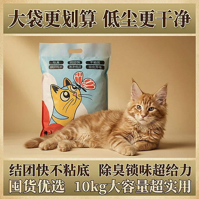 帮我做10张拼多多主图，卖点结团快不粘底 膨润土猫砂10kg 除臭锁味超给力 低尘更干净 大袋更划算 囤货优选 10kg大容量超实用 要求高级一些 可以放小猫一些场景