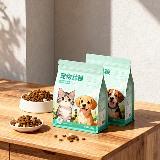 一款猫狗通用的宠物粮产品包装，正面有可爱猫咪和狗狗图案，设计风格清新自然，摆放于木质桌面场景，高清质感
