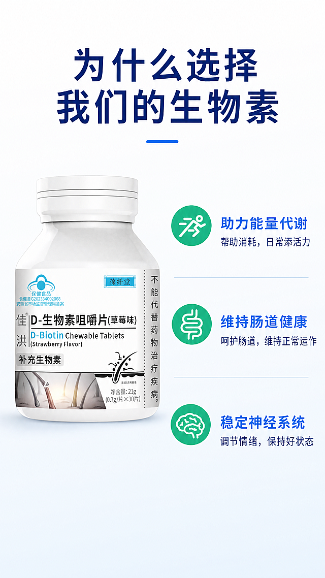 [第3屏] 产品核心卖点展示，本屏使用【图1】作为商品主体，保持产品的物理结构、材质质感、包装文字和颜色与原图一致。
[氛围/风格] 专业清爽卖点展示风，白色+浅蓝渐变背景，干净简约，商业海报质感。
[元素布局] D-生物素咀嚼片瓶子放在画面左上区域，占据画面约40%面积，保持完整外观。右侧分三个区域竖向排列三个核心卖点，每个卖点配圆形图标，标题+短说明结构，每个区域之间留白分隔，清晰不拥挤。
[光影质感] 左上方主光照亮瓶身，整体明亮均匀，产品边缘清晰，文字区域背景干净无干扰。
[配色色系] 全局底色：#FFFFFF（白色）渐变到#E6F0FF（浅蓝）；主体配色：产品保持原图白色瓶身；辅助色：#2563EB（深蓝色卖点标题），#10B981（绿色图标），文字深蓝色清晰易读。
[视角构图] 左产品右卖点，不对称平衡构图，左上产品右侧三卖点竖向排列，符合手机从上到下浏览习惯。
[文字版式] 顶部大标题“为什么选择我们的生物素”深蓝色粗体，居中；右侧三个卖点：第一个，图标+主标题“助力能量代谢”副标题“帮助消耗，日常添活力”；第二个，图标+主标题“维持肠道健康”副标题“呵护肠道，维持正常运作”；第三个，图标+主标题“稳定神经系统”副标题“调节情绪，保持好状态”；每个卖点标题加粗，说明文字轻量，清晰层级，不遮挡主体。
[比例分辨率] 9:16竖版比例，4K分辨率，文字清晰可辨，超高清。
[负向提示词] 产品变形，包装文字错乱，缺件错件，颜色偏差，水印，文字模糊，背景杂乱，违规宣传，绝对化用语，虚假认证，生发、头发、指甲相关内容。