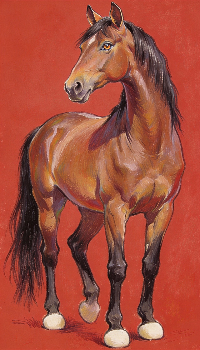 油画风与厚涂技法结合，呈现骏马优雅姿态，暖红背景衬托出唯美感与文艺气息，重拟物细节彰显生命力量。