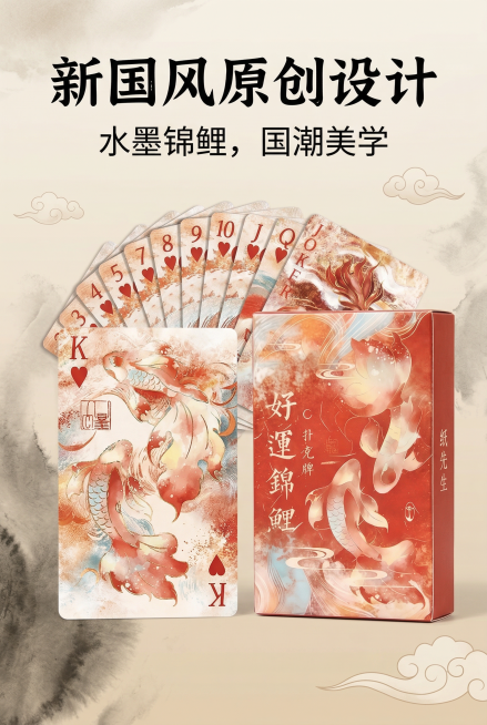 2:3 竖版电商详情图，严格还原上传的好运锦鲤国风扑克牌产品图，包括朱红包装、水墨锦鲤插画、金色 “好运锦鲤” 文字、品牌标识等所有设计细节，产品在真实物理空间里与其他物体的大小关系视觉协调，比例保持预览效果