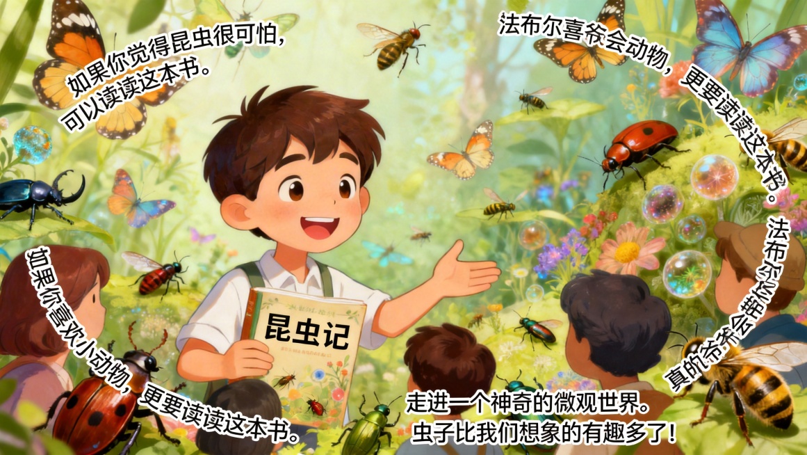 在第12页配图上添加文字：如果你觉得昆虫很可怕，可以读读这本书。如果你喜欢小动物，更要读读这本书。法布尔爷爷会带你，走进一个神奇的微观世界。真的，虫子比我们想象的有趣多了！文字排版活泼生动预览效果
