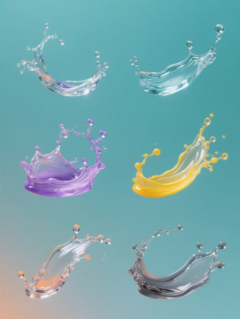 高清晰度摄影风格，纯色背景，整体色彩变换为[在此处插入所需的具体颜色，例如：清新薄荷绿/深邃宝石蓝/温暖珊瑚橙/优雅薰衣草紫/活力柠檬黄/沉稳石墨灰]，水花元素保持高度写实质感，水滴晶莹剔透，水纹细节清晰，包含六个完全不同造型、角度的水花瞬间凝固形态，每个水花造型独特且富有动感，系列素材集合规整排布，画面构图平衡，光影效果柔和自然，强调水花的透明感与液体流动的动态张力，无任何文字、LOGO、二……预览效果