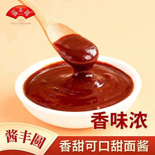 淘宝甜面酱电商主图，1:1比例，参考原图红棕配色，展示丝滑浓稠的甜面酱，突出卖点"香味浓"，品牌"酱丰圆"，适配天猫平台，干净简洁商业摄影风格