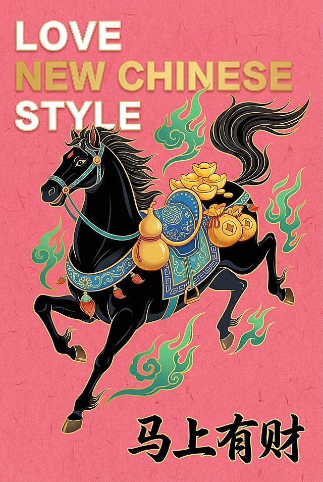 国潮风融合描边与重拟物手法，鎏金元素点缀，喜庆红底衬托奔马驮财，象征“马上有财”，传递新春祝福。