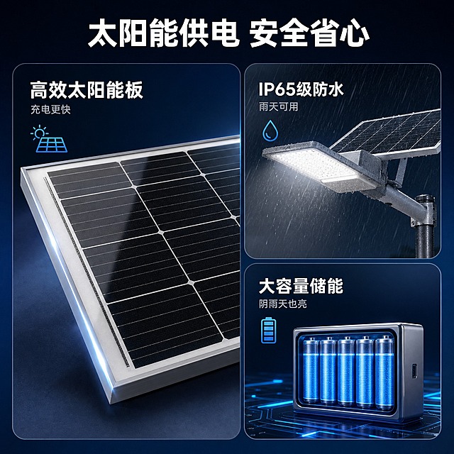 [主图-3] 太阳能供电与防水结构卖点展示，突出核心技术优势。
[统一基调] 工业科技风格，深蓝渐变背景搭配冷白色调，主标题白色粗体无衬线字体，辅助文字浅灰色，强调色为亮蓝色，整体专业品质感，简洁大气。
[画面] 采用左大右双小的多模块功能拼图版式。左侧大模块占画面60%，展示太阳能电池板的特写，黑色多晶硅电池片整齐排列，银色边框，表面有玻璃质感的反光，配文字「高效太阳能板 充电更快」。右侧上方小模块展示路灯在雨中的场景，雨水打在灯体上，灯依然亮着，配文字「IP65级防水 雨天可用」。右侧下方小模块展示电池/储能示意图，配文字「大容量储能 阴雨天也亮」。三个模块都有圆角边框，模块之间有均匀间距。
[光影质感] 商业摄影质感，太阳能板表面有玻璃反光和细腻的电池片纹理，金属边框有金属光泽；雨景模块有水珠附着在灯体表面，光线透过雨丝的效果真实。
[配色] 深蓝科技感背景，太阳能板黑色+银色边框，灯体灰色，发光部分白色，图标和强调色亮蓝色，文字白色和浅灰色。
[文字版式] 顶部居中主标题「太阳能供电 安全省心」，白色粗体大字；每个模块内都有对应的白色小标题和灰色说明文字，文字位于模块内的负空间，不遮挡产品主体。模块标题字号统一，说明文字字号缩小50%。
[输出要求] 1:1正方形比例，2048*2048像素，各模块产品清晰，材质质感真实，文字清晰可读，无水印无平台Logo。负向：变形、错字、模糊、模块歪斜、水印、平台Logo。