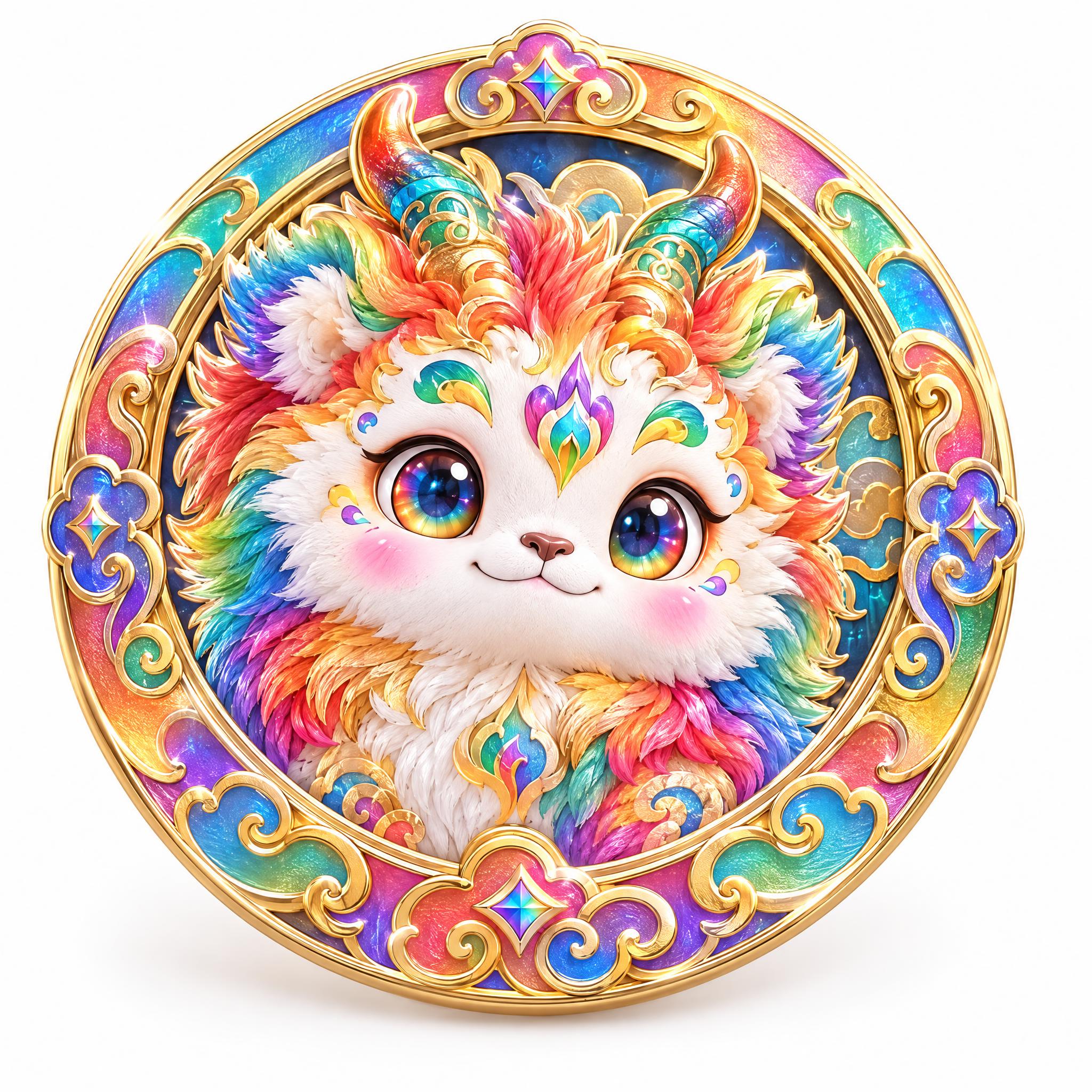 一枚精致的圆形金属胸牌徽章，以驺吾神兽为原型。胸牌中央是驺吾的… - 图片创意预览