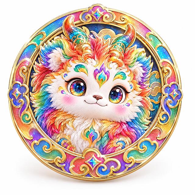 一枚精致的圆形金属胸牌徽章，以驺吾神兽为原型。胸牌中央是驺吾的正面头像，五彩斑斓的华丽花纹、头顶彩色角、彩虹色毛发，灵动华丽的表情。胸牌外圈是金色和彩虹渐变的金属边框，带有精致的云纹花纹装饰，整体质感华丽绚烂，像一枚古典的神兽徽章。纯白背景，3D渲染，C4D风格，金属质感，精致细节，柔和光线，超高细节，胸针徽章设计