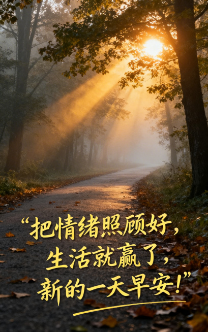 早安海报，温馨氛围感，林间小道清晨薄雾，朝阳透过树叶洒下金色光束，添加文字"把情绪照顾好，生活就赢了，新的一天早安！"，自然清新，温柔治愈预览效果