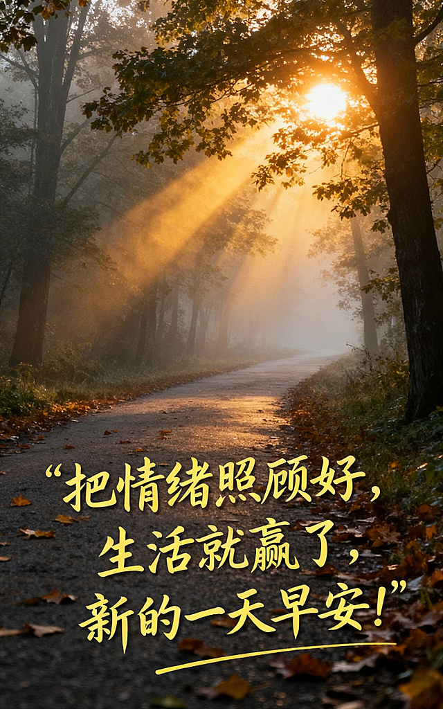 早安海报，温馨氛围感，林间小道清晨薄雾，朝阳透过树叶洒下金色光束，添加文字"把情绪照顾好，生活就赢了，新的一天早安！"，自然清新，温柔治愈