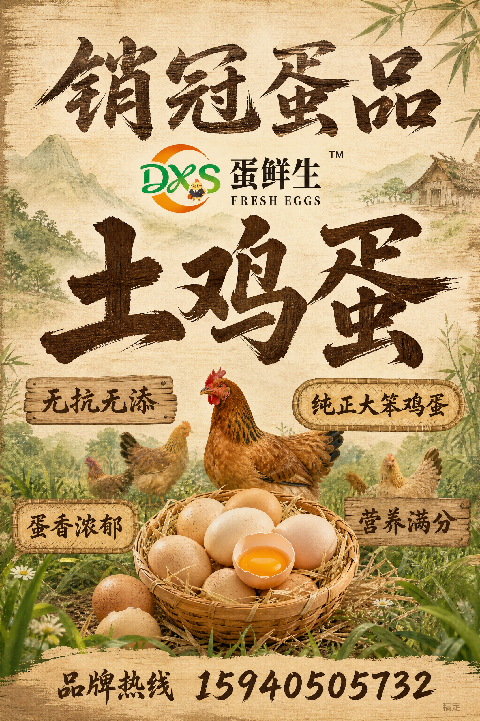 A4竖版土鸡蛋宣传单海报，全新风格：自然质朴的乡村田园风，以暖… - 图片创意预览
