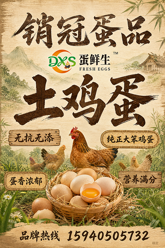 A4竖版土鸡蛋宣传单海报，全新风格：自然质朴的乡村田园风，以暖棕色、米黄色、草绿色为主色调，营造山林散养的原生态氛围。顶部是主标题"销冠蛋品"，采用苍劲有力的书法笔体，深棕色或墨绿色，带木质纹理质感。主标题下方居中放置蛋鲜生LOGO（DXS绿橙渐变+小鸡卡通+蛋鲜生FRESH EGGS文字），LOGO右上角加"TM"标识。LOGO下方是超大号书法字体"土鸡蛋"三个字，占据画面中部核心位置，字号非常大，笔触浑厚有力，深棕色。四个卖点以书法笔体呈现，分布在"土鸡蛋"大字周围或下方："无抗无添"、"纯正大笨鸡蛋"、"蛋香浓郁"、"营养满分"，用木质标签或竹编边框样式点缀。背景是温暖的米黄色或浅木色纹理，点缀散养土鸡、山林草地、竹篮稻草等乡村元素，营造自然散养的原生态感觉。底部清晰展示品牌热线"品牌热线 15940505732"，书法笔体，深棕色。整体风格质朴自然，突出土鸡蛋的纯正原生态品质。所有文字统一使用书法笔体。右下角有极小的"稿定"字样，非常隐蔽，不遮挡图案和电话。版式精美，层次分明，四周留安全边距。