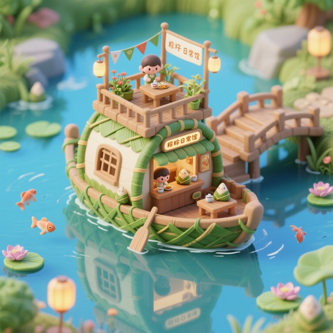 Q版3D微缩自然奇幻风格场景，「粽粽日常馆」位于木桥之上，桥跨小河，整栋建筑由粽叶缠绕成船屋造型，底部漂浮水面，水中倒影摇曳。一楼为粽子摊位，可见人物操作台；木桥侧设清晰阶梯口通向二楼顶层阳台，阳台上预览效果