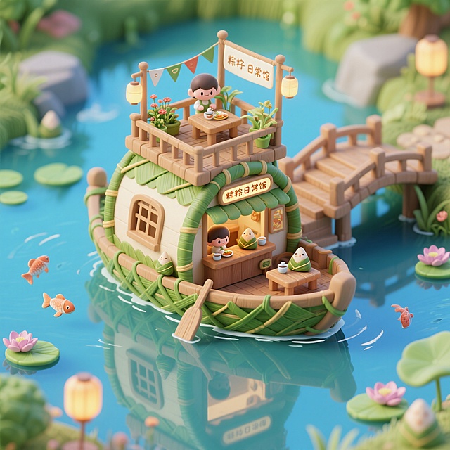 Q版3D微缩自然奇幻风格场景，「粽粽日常馆」位于木桥之上，桥跨小河，整栋建筑由粽叶缠绕成船屋造型，底部漂浮水面，水中倒影摇曳。一楼为粽子摊位，可见人物操作台；木桥侧设清晰阶梯口通向二楼顶层阳台，阳台上摆有花草、小旗、小木桌，小人偶正在喝茶、吃粽。周围有游鱼、水灯、浮莲装饰，整体色调为清水蓝、青绿与米色，场景写实梦幻，细节丰富，画面有呼吸感