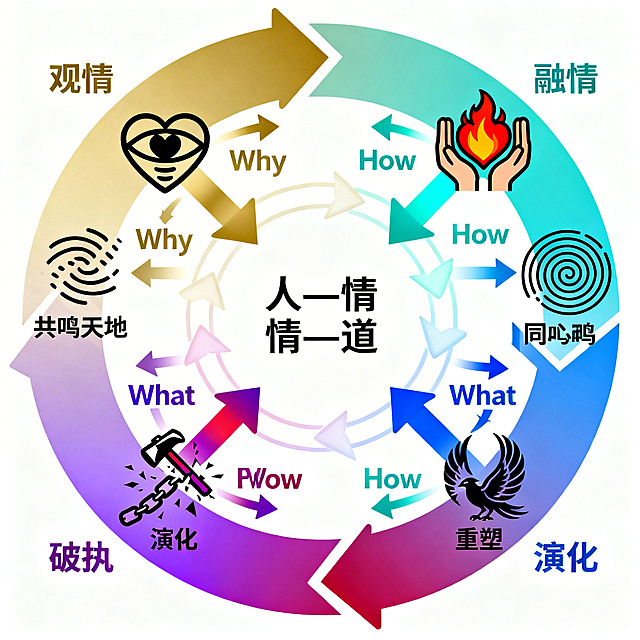 顺时针螺旋圆环，环上分布六个主环节，分别是观情、融情、共鸣天地、破执、重塑、再循环，环节间用箭头连接形成闭环，中心放置“人—情—道”三字，外圈背景分为四个渐变过渡的象限色块，分别是暖金色的Why、青绿色的How、蓝色的What、紫红渐变的演化，观情环节有眼睛+心形波纹符号，双箭头连到Why与How象限；融情环节有双手捧心融入火焰符号，强双箭头指向How象限；共鸣天地环节有同心圆扩散波纹符号，双箭头连到What象限；破执环节有锤子敲碎锁链符号，双箭头指向演化象限，与What象限有反向箭头；重塑环节有凤凰涅槃符号，强双箭头连到演化与How象限；再循环环节有环形箭头环绕中心，环与四象限有淡色循环线，整体体现无二元、整体性、生命性的教育思想体系