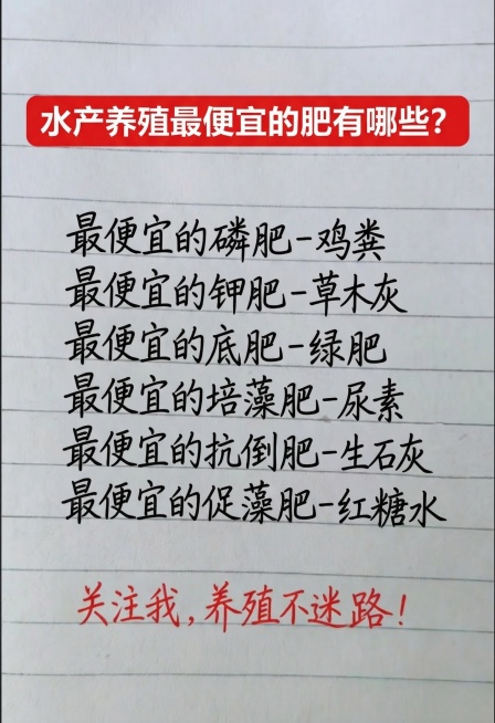 参照原图字体和颜色，全部替换图片内容，一字不差替换为：红色标题框白色大字：水产养殖最便宜的肥有哪些？，下面黑色手写体依次是：最便宜的磷肥-鸡粪，最便宜的钾肥-草木灰，最便宜的底肥-绿肥，最便宜的培藻肥预览效果