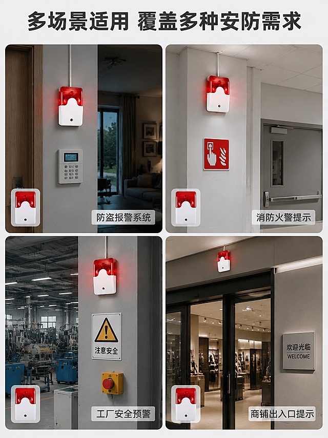 [第6屏] 多场景使用展示屏，展示有线声光报警器适配场景，本屏使用【图1】作为产品源。
[氛围/风格] 真实场景拼接风，贴近实际使用环境，丰富有层次。
[元素布局] 画面分为四宫格，每宫格展示一个应用场景：1.防盗报警系统；2.消防火警提示；3.工厂安全预警；4.商铺出入口提示；每个场景角落放置缩小的产品图，并标注场景名称。每个场景都体现产品的安装使用状态，产品外观与输入一致。
[光影质感] 每个场景适配对应环境光影，整体亮度均匀，产品清晰突出。
[配色色系] 保持每个场景真实色调，整体用浅灰色边框做分区，统一协调。
[视角构图] 四宫格等分构图，每个场景独立展示，信息饱满不拥挤。
[文字版式] 顶部大标题「多场景适用 覆盖多种安防需求」，每个宫格右下角配白色半透底场景名称文字，清晰不遮挡场景。
[比例分辨率] 3:4 竖版比例，宽度1440，4K分辨率，文字清晰可辨，高清画质。
[负向提示词] 产品变形，颜色偏差，场景重叠，文字错乱，文字过小，水印。