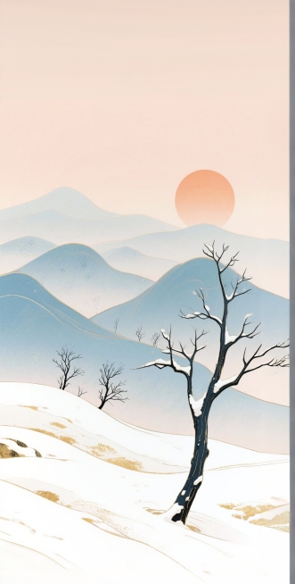 竖版国风山水插画，主体是山峦间稀疏分布的枯树（纤细墨青简洁枯枝干），背景层叠淡蓝色远山（渐隐朦胧质感），上方悬浅橙圆日（暖光晕）；场景为布满积雪的山坡落日，空濛悠远；风格融合中国水墨晕染 + 淡彩插画预览效果